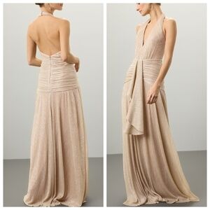 PatBo Gold Lurex Draped Maxi Halter Ruched Metallic Gown Dress - Size 4